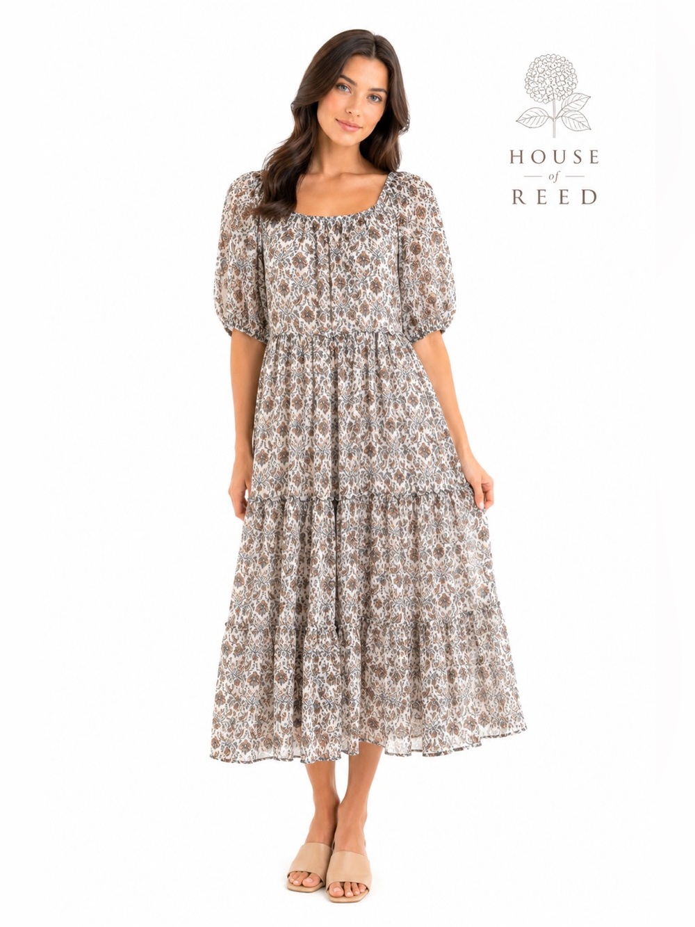 Lucy Paris Boho Floral Tiered Midi Dress NWT Puff Sleeve Cottagecore Prairie